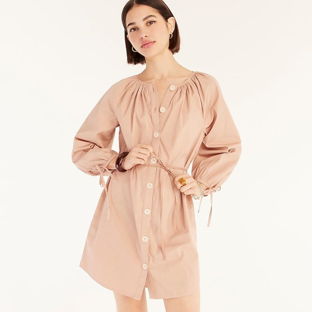 J Crew Tie Sleeve Button Front Dress in Cotton Poplin XS Almond Biscotti